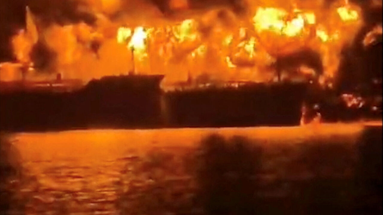 A ship burns, after Iranian explosive-laden boats appear to have attacked two fuel tankers in Iraqi waters setting them ablaze, according to port, maritime security and risk firms, amid the U.S.-Israeli conflict with Iran, in this screengrab taken from a handout video released March 12, 2026.     Media Office of Iraqi Ports/Handout via REUTERS