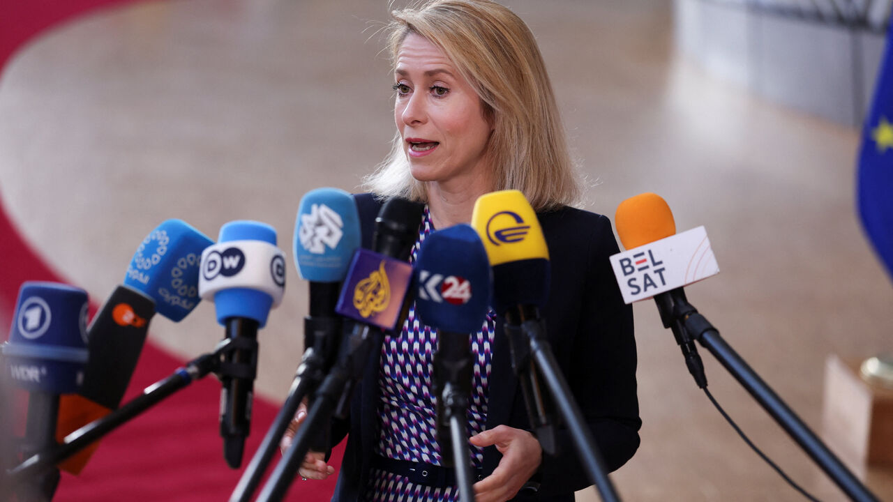 EU High Representative for Foreign Affairs and Security Policy Kaja Kallas speaks to members of the media as she arrives to attend a European Union Energy and Foreign Affairs ministers meeting in Brussels, Belgium March 16, 2026. REUTERS/Omar Havana