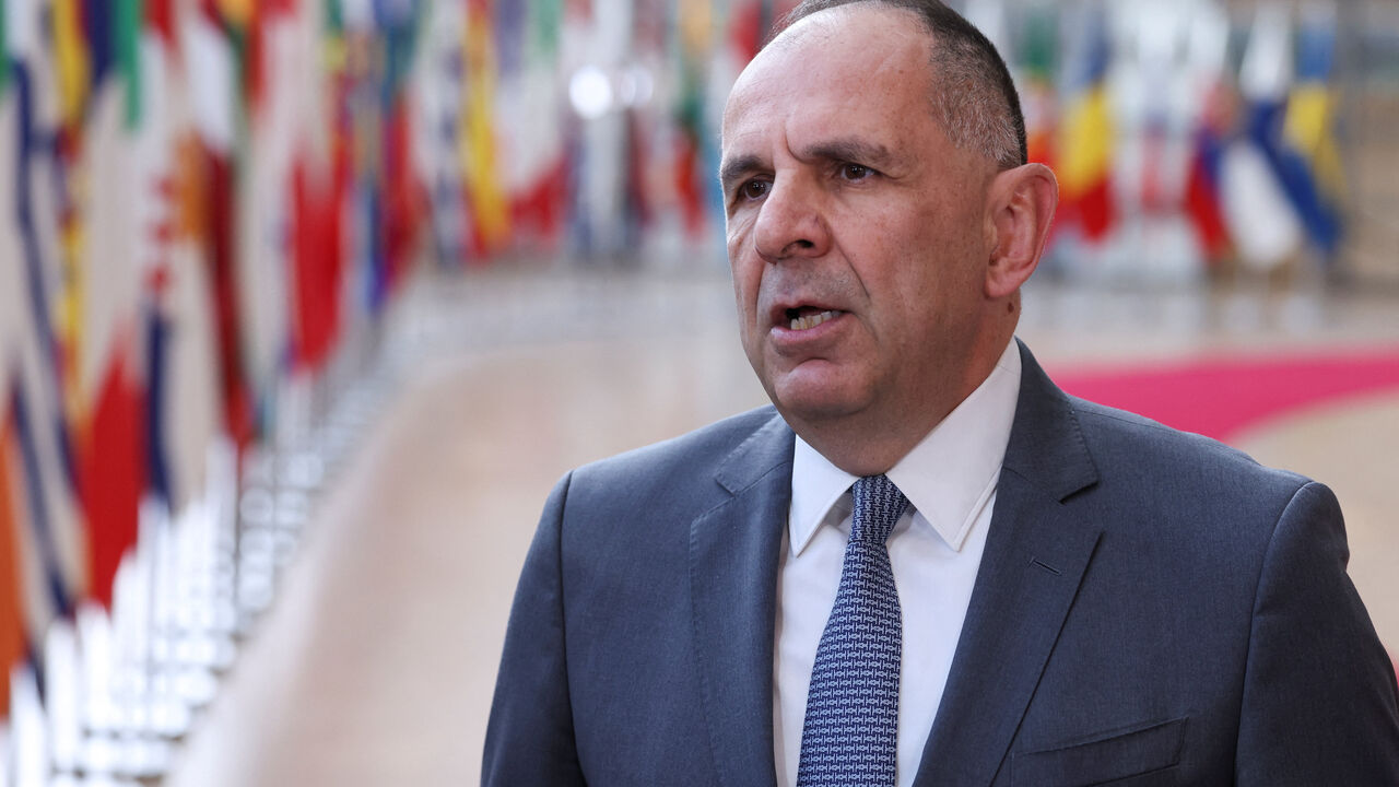 Greek Foreign Minister George Gerapetritis speaks to members of the media as he arrives to attend a European Union Energy and Foreign Affairs ministers meeting in Brussels, Belgium, March 16, 2026. REUTERS/Omar Havana