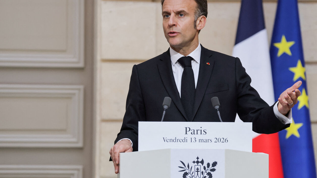 FILE PHOTO: France's President Emmanuel Macron delivers a speech during a joint press conference with Ukraine's President Volodymyr Zelensky, in Paris, March 13, 2026. LUDOVIC MARIN/Pool via REUTERS/File Photo