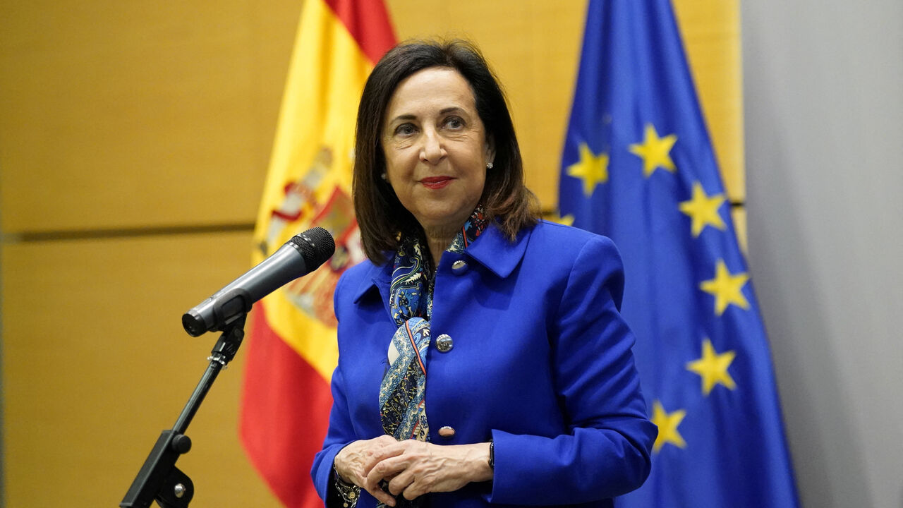 FILE PHOTO: Spanish Defence Minister Margarita Robles reacts as she speaks to members of the media after meeting Ukrainian Defense Minister Rustem Umerov, in Madrid, Spain March 14, 2025. REUTERS/Ana Beltran/File Photo