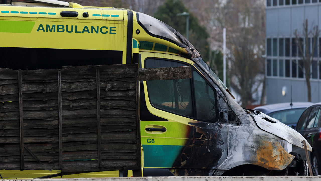 A damaged ambulance, among the four ambulances belonging to Hatzola, a Jewish community organisation, that were set on fire in an incident that the police say is being treated as an antisemitic hate crime, in northwest London, Britain, March 23, 2026. REUTERS/Hannah McKay