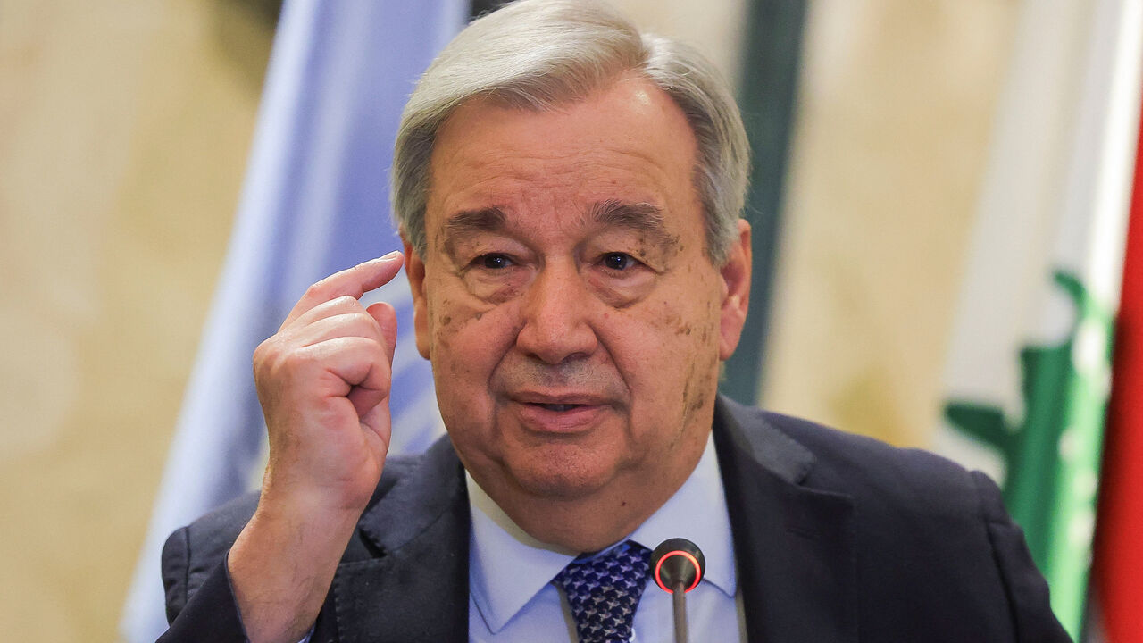 FILE PHOTO: United Nations Secretary-General Antonio Guterres gestures during a press conference, following an escalation between Hezbollah and Israel amid the U.S.-Israeli conflict with Iran, in Beirut, Lebanon, March 14, 2026. REUTERS/Mohamed Azakir/File Photo