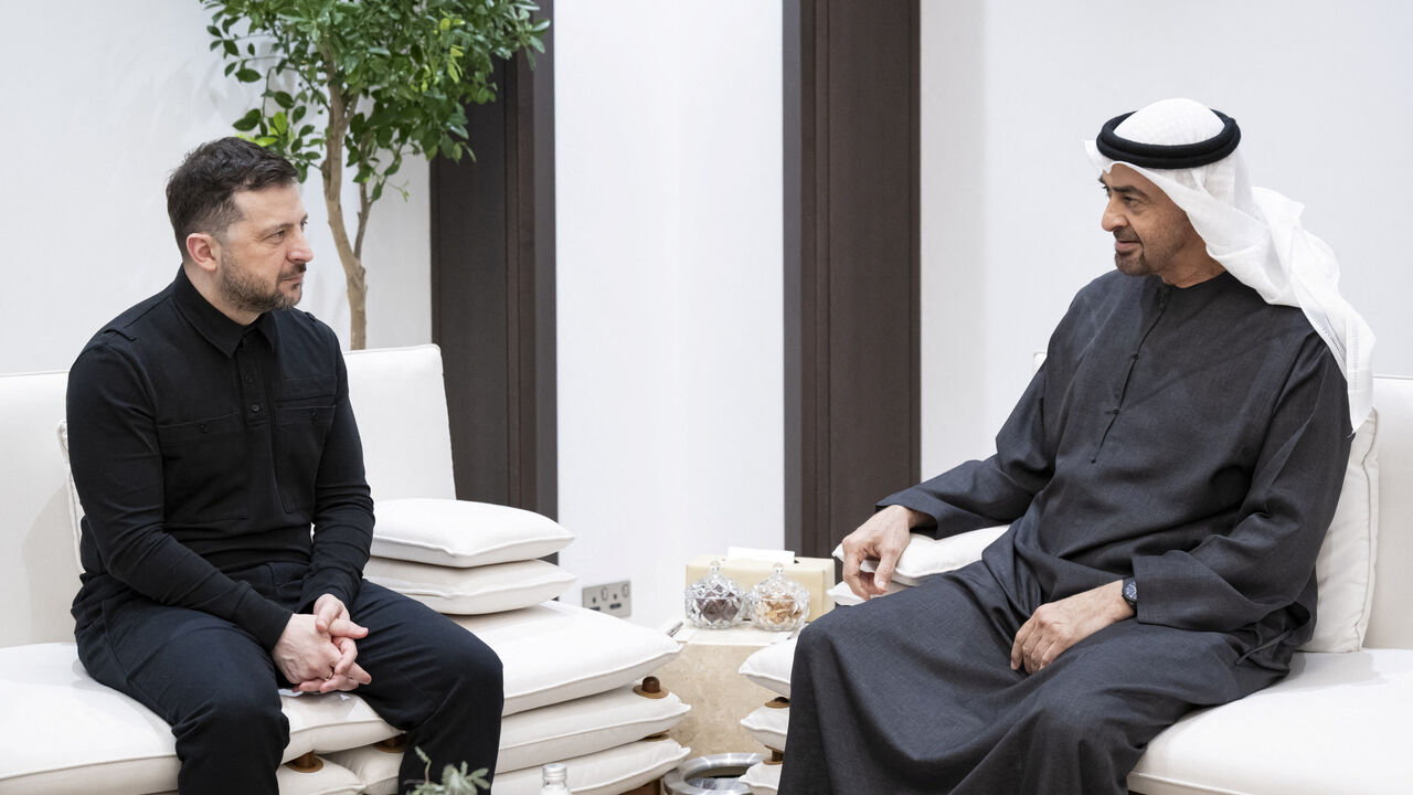 Sheikh Mohamed bin Zayed Al Nahyan, President of the United Arab Emirates, meets with Volodymyr Zelenskiy, President of Ukraine, in the United Arab Emirates in this undated handout picture released March 28, 2026. Abdulla Al Neyadi/UAE Presidential Court/Handout via REUTERS