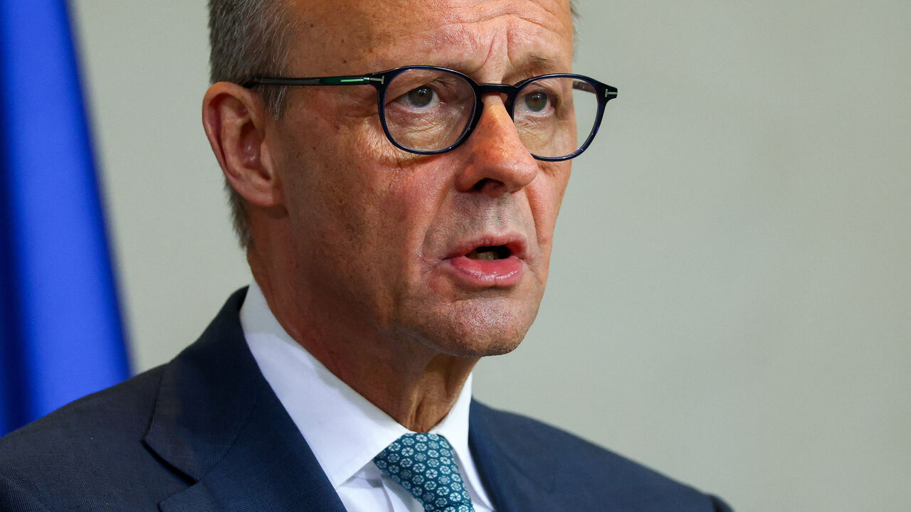 German Chancellor Friedrich Merz speaks during a press conference with Syrian President Ahmed al-Sharaa (not pictured), at the Chancellery, in Berlin, Germany March 30, 2026. REUTERS/Lisi Niesner