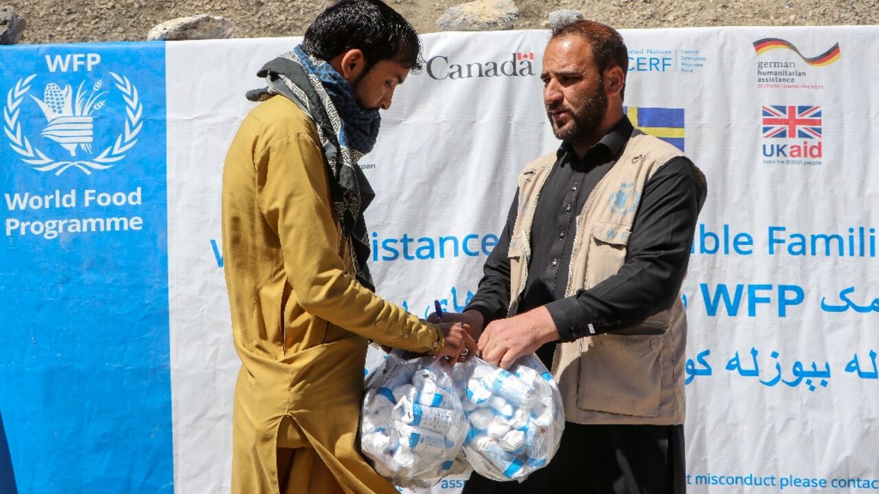 A man receiving packages of fortified biscuits distributed by WFP in Afghanistan's Paktia province