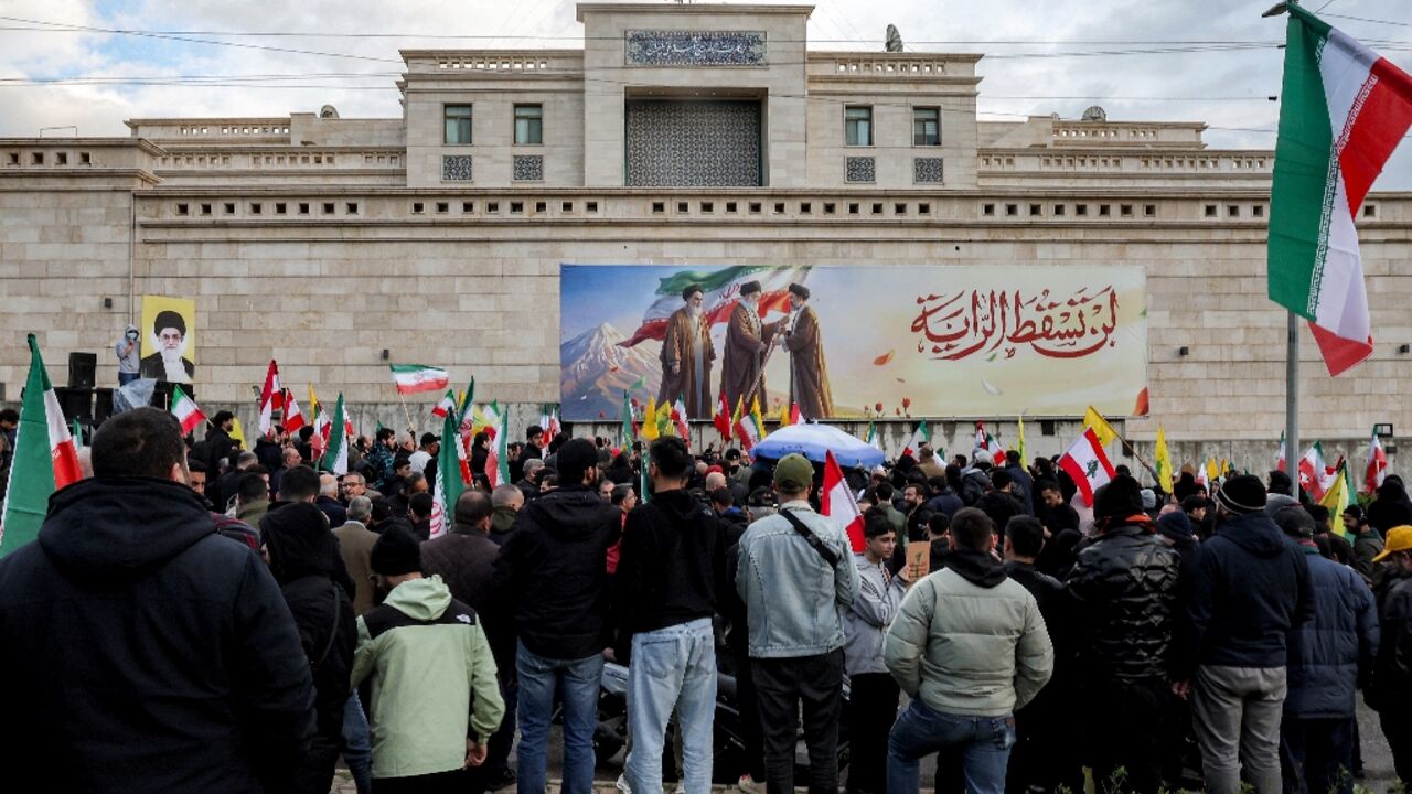 A rally outside the Iranian embassy in Beirut protesting against the Lebanese government's decision to expel Tehran's ambassador 
