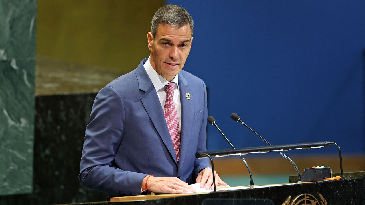 Spain's Prime Minister Pedro Sanchez speaks during a United Nations Summit on Palestinians at UN headquarters during the United Nations General Assembly, New York, Sept. 22, 2025.