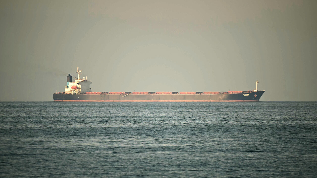 A cargo ship is pictured off the coast of Fujairah in the Strait of Hormuz, in the northern emirate, Feb. 25, 2026.