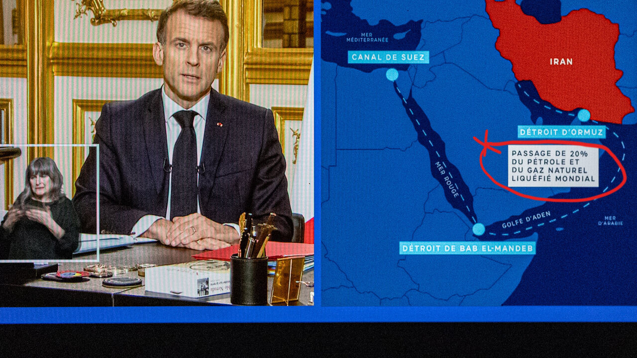 Split screen television broadcast shows French President Emmanuel Macron delivering a national address at a desk with a sign language interpreter inset, alongside a france.tv map highlighting Iran and the shipping chokepoints Canal de Suez, Detroit de Bab el Mandeb and Detroit d Ormuz with the caption Passage de 20% du petrole et du gaz naturel liquefie mondial, Paris, Ile de France, France, March 3, 2026. Macron spoke to the French at 8 pm about the international situation as war in the Middle East raises 