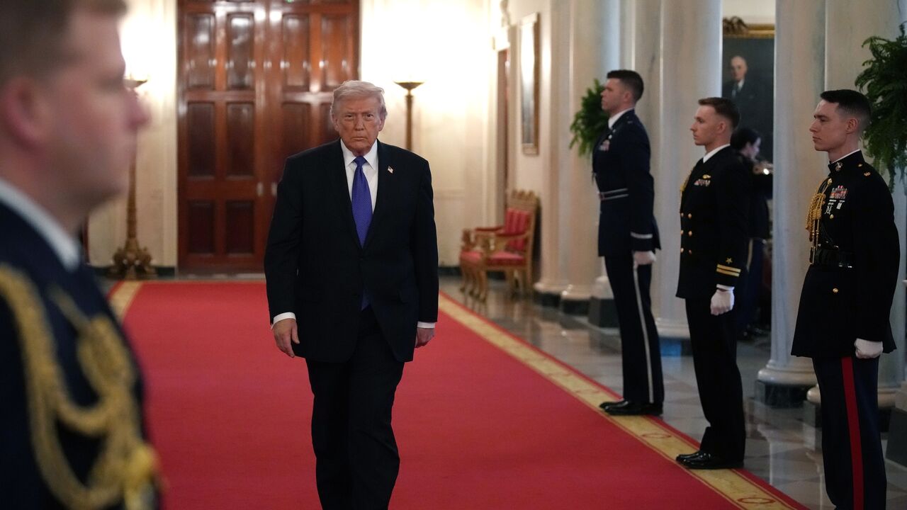 US President Donald Trump arrives for a Medal of Honor Ceremony in the East Room of the White House on March 2, 2026, in Washington.