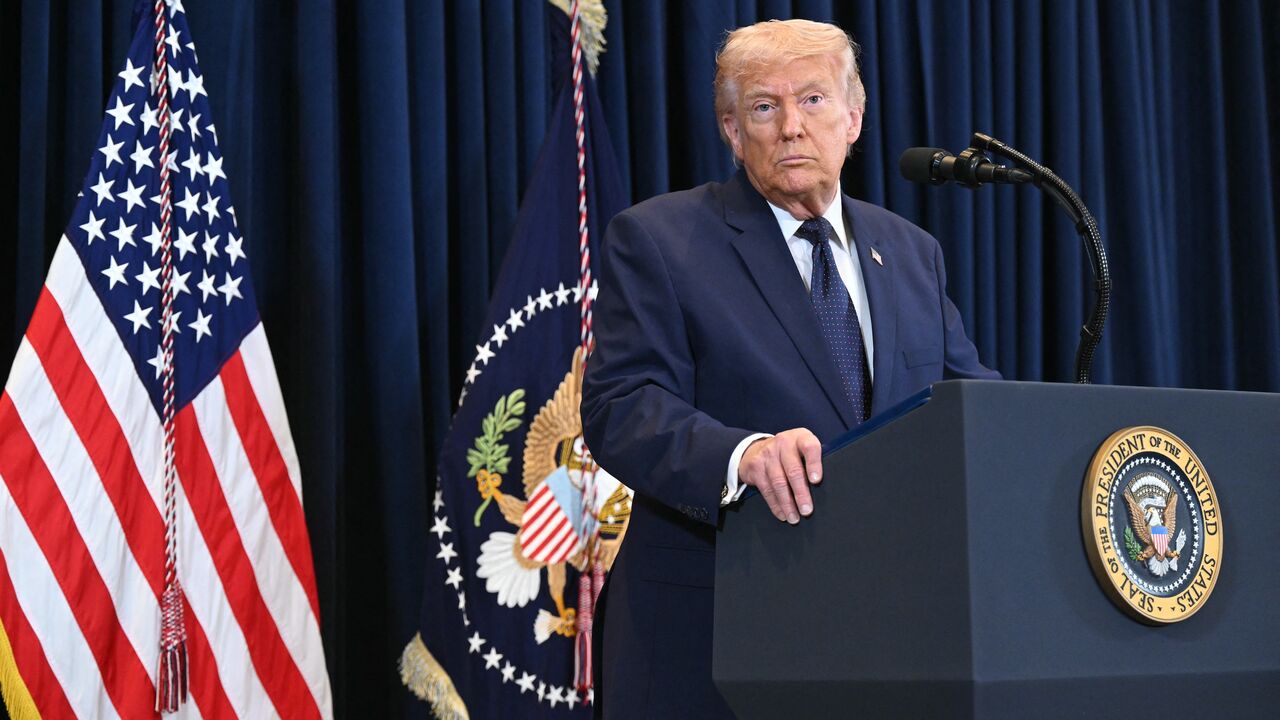 US President Donald Trump speaks during a press conference at Trump National Doral in Miami, Florida, on March 9, 2026. 