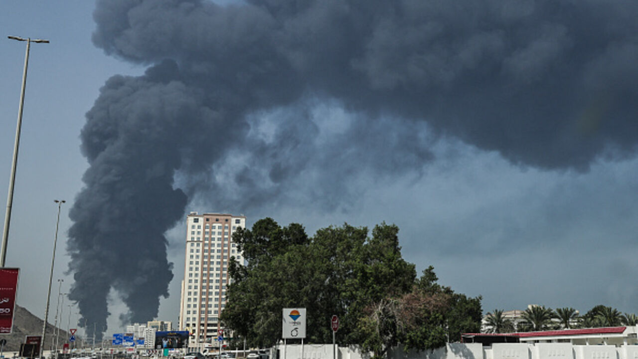 Smoke rises from the direction of an energy installation in the Gulf emirate of Fujairah on March 14, 2026. (AFP via Getty Images)