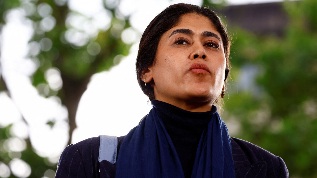 FILE PHOTO: Member of the European Parliament Rima Hassan, of the French far-left opposition party La France Insoumise (France Unbowed - LFI), attend a political rally by the alliance of left-wing parties, called the "Nouveau Front Populaire" (New Popular Front) in Montreuil, near Paris, on the first day of official campaigning for the upcoming French parliamentary elections, France, June 17, 2024.  REUTERS/Sarah Meyssonnier/File Photo
