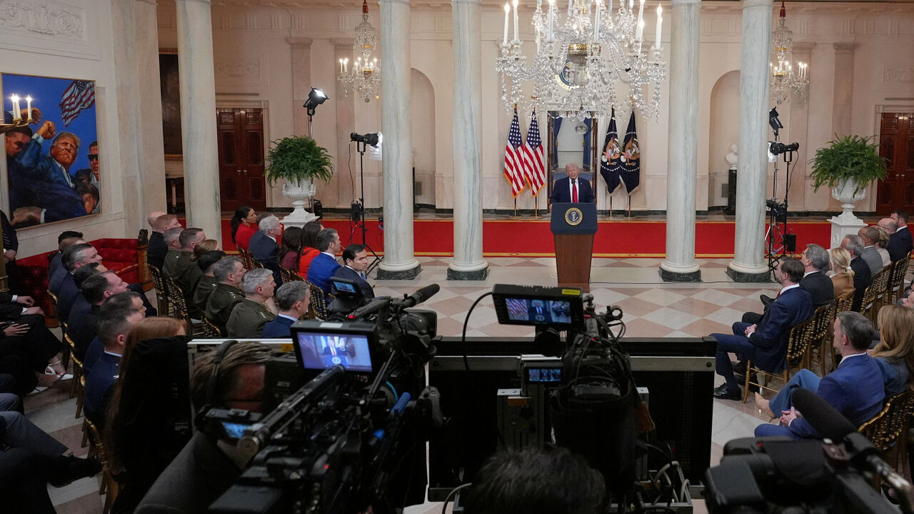 U.S. President Donald Trump delivers an address to the nation about the Iran war at the White House in Washington, D.C., U.S. April 1, 2026. Alex Brandon/Pool via REUTERS