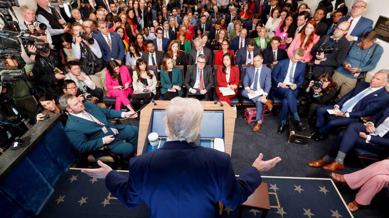 U.S. President Donald Trump gestures as he answers questions from the media during a press conference in the James S. Brady Press Briefing Room at the White House in Washington, D.C., U.S., April 6, 2026. REUTERS/Evelyn Hockstein