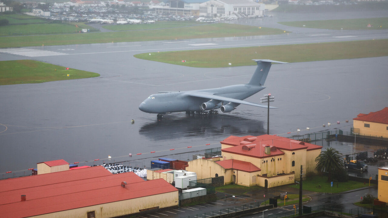 A U.S. military plane on the tarmac of Lajes air base in Terceira island, Azores, Portugal, February 21, 2026. REUTERS/Pedro Nunes