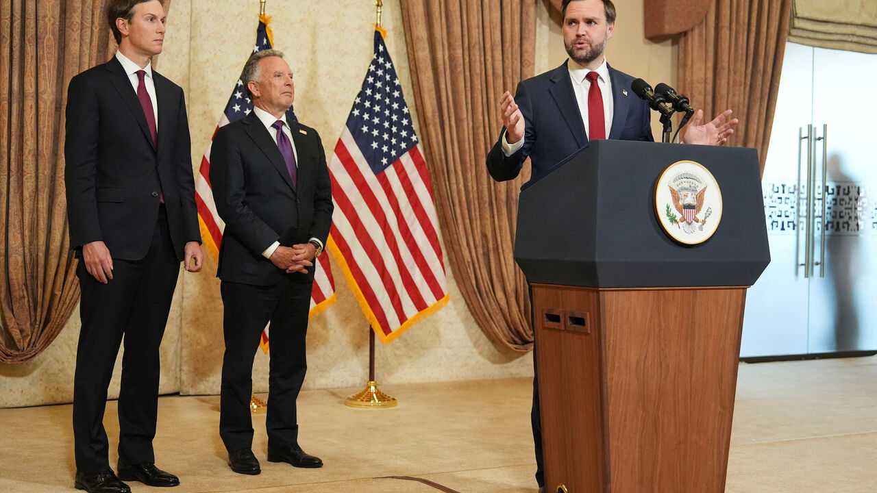 U.S. Vice President JD Vance speaks during a news conference after meeting with representatives from Pakistan and Iran as Jared Kushner and Steve Witkoff, Special Envoy for Peace Missions, listen, on  Sunday, April 12, 2026, in Islamabad, Pakistan.. Jacquelyn Martin/Pool via REUTERS