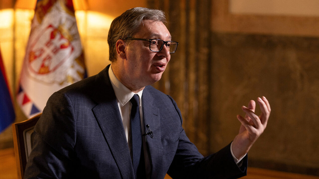FILE PHOTO: Serbian President Aleksandar Vucic speaks during an interview with Reuters in Belgrade, Serbia, February 4, 2026. REUTERS/Djordje Kojadinovic/File Photo