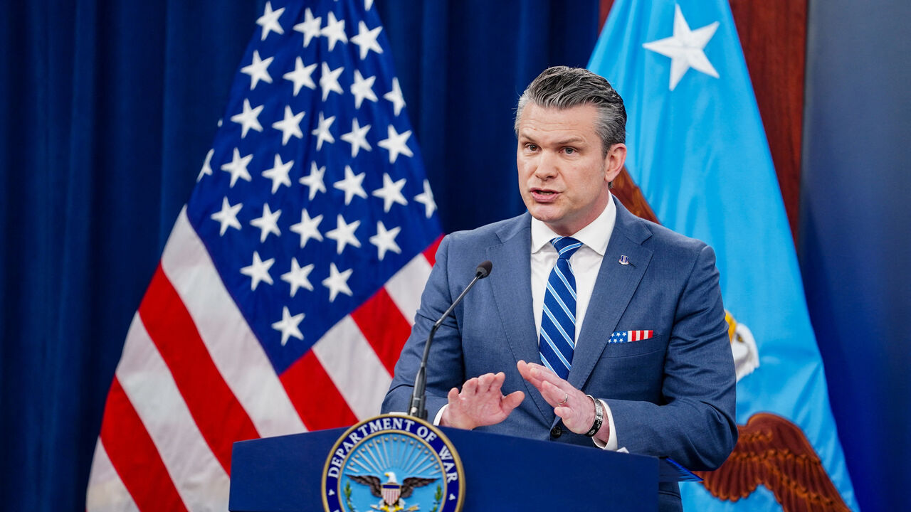 U.S. Secretary of Defense Pete Hegseth speaks during a briefing on the Iran war, at the Pentagon in Washington, D.C., U.S., April 16, 2026. REUTERS/Nathan Howard