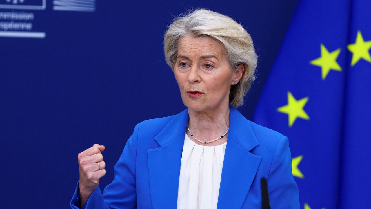 European Commission President Ursula von der Leyen speaks at a press conference in Brussels, Belgium, April 13, 2026. REUTERS/Yves Herman