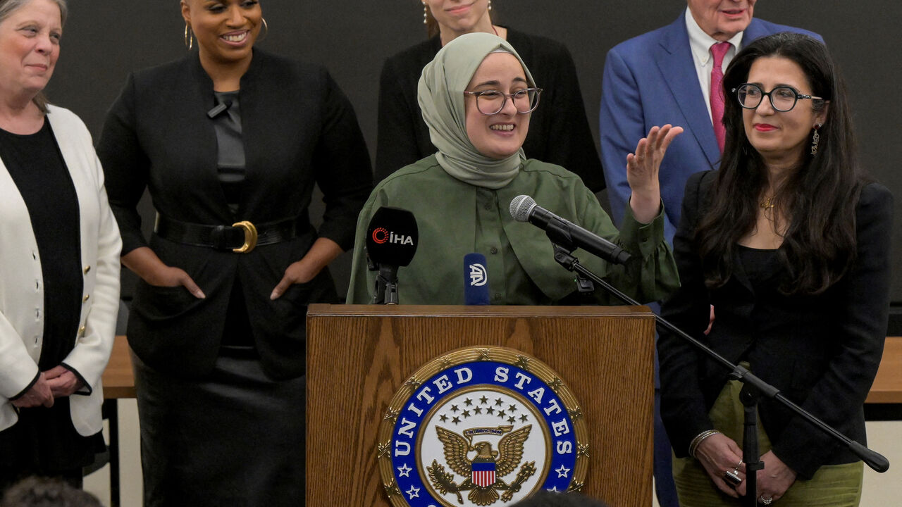 FILE PHOTO: Tufts University student Rumeysa Ozturk, of Turkey, speaks at a press conference at Boston Logan International Airport after she was released on a judge's order after spending over six weeks in an immigration detention center in Louisiana, in Boston, Massachusetts, U.S. May 10, 2025.  REUTERS/Faith Ninvaggi/File Photo