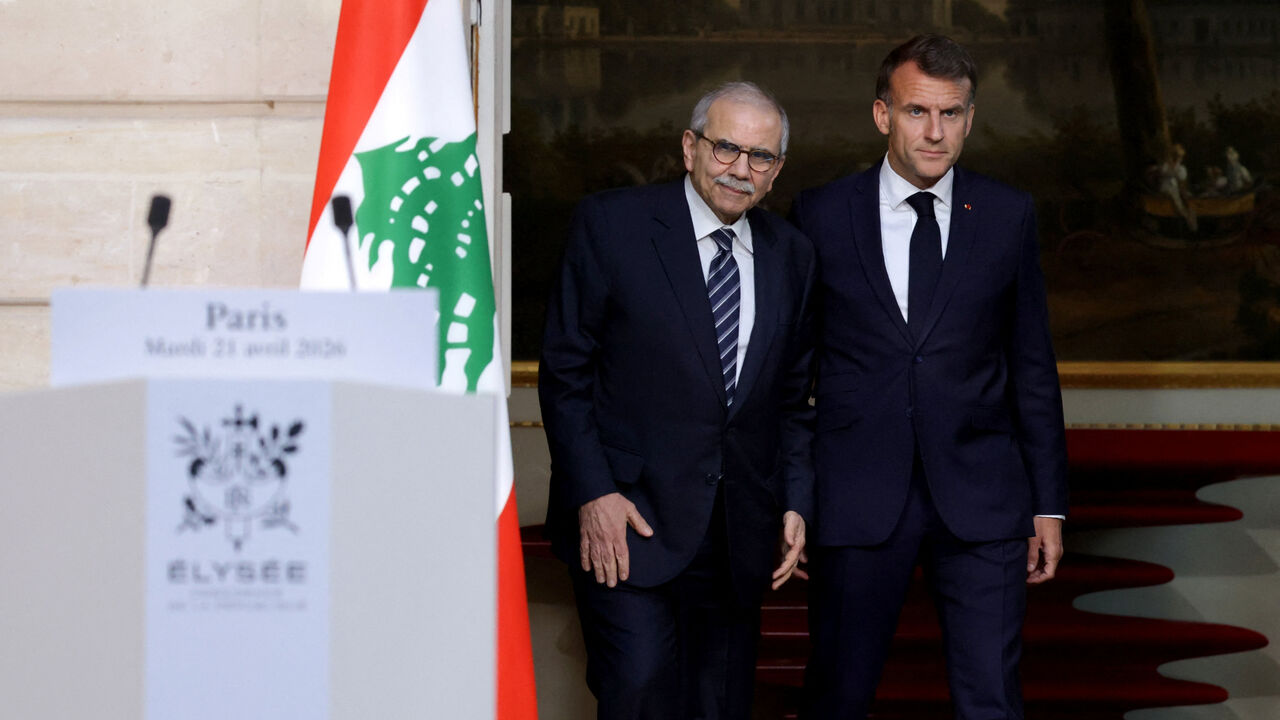 French President Emmanuel Macron and Lebanese Prime Minister Nawaf Salam attend a joint declaration press event following their meeting at the Elysee Presidential Palace in Paris, France April 21, 2026. LUDOVIC MARIN/Pool via REUTERS