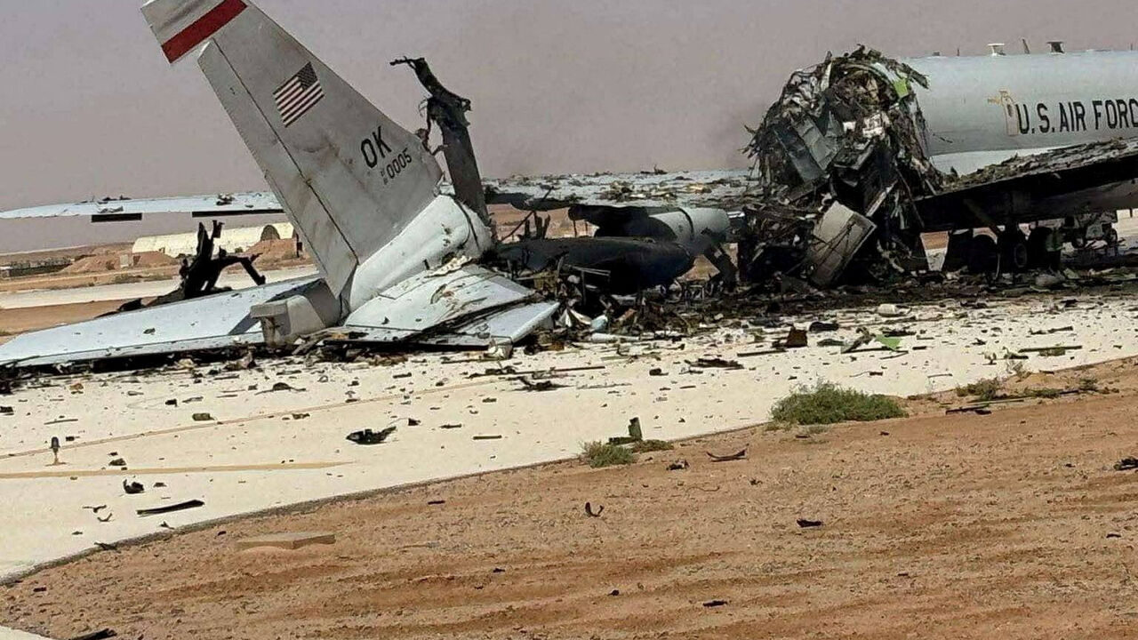 FILE PHOTO: A damaged U.S. Boeing E-3 Sentry airborne warning and control aircraft following an Iranian strike on the airbase, amid the U.S.-Israeli conflict with Iran, at Prince Sultan Air Base in Saudi Arabia  in this picture obtained from social media released on March 29, 2026. SOCIAL MEDIA/via REUTERS/File Photo