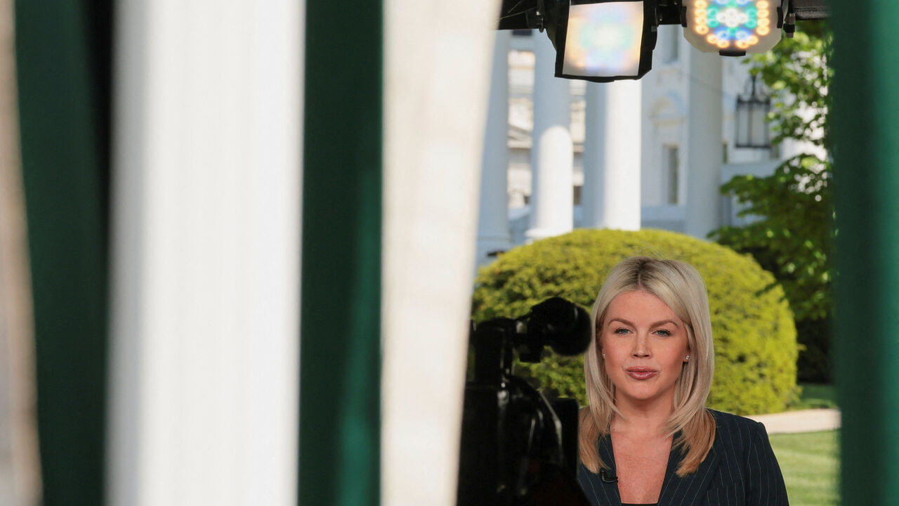 White House Press Secretary Karoline Leavitt attends a Fox News interview on the day of her press conference at the White House in Washington, D.C., U.S., April 22, 2026. REUTERS/Kylie Cooper