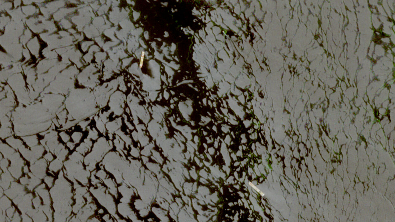 A satellite image shows two container ships, the Panama-flagged MSC Francesca and Liberia-flagged Epaminondas, April 22, 2026. EUROPEAN UNION/COPERNICUS SENTINEL-2/Handout via REUTERS