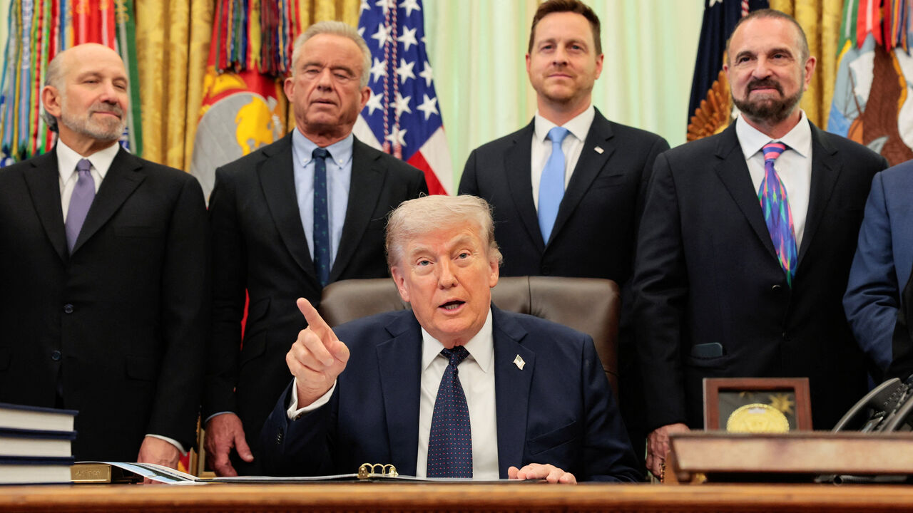 U.S. President Donald Trump points a finger as he participates in a healthcare affordability event in the Oval Office at the White House in Washington, D.C., U.S., April 23, 2026. REUTERS/Kylie Cooper