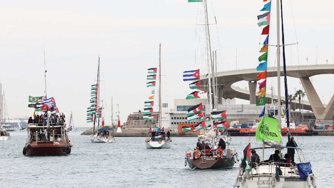 Boats of a new flotilla bound for the Gaza Strip make a symbolic departure from Barcelona on April 12, 2026