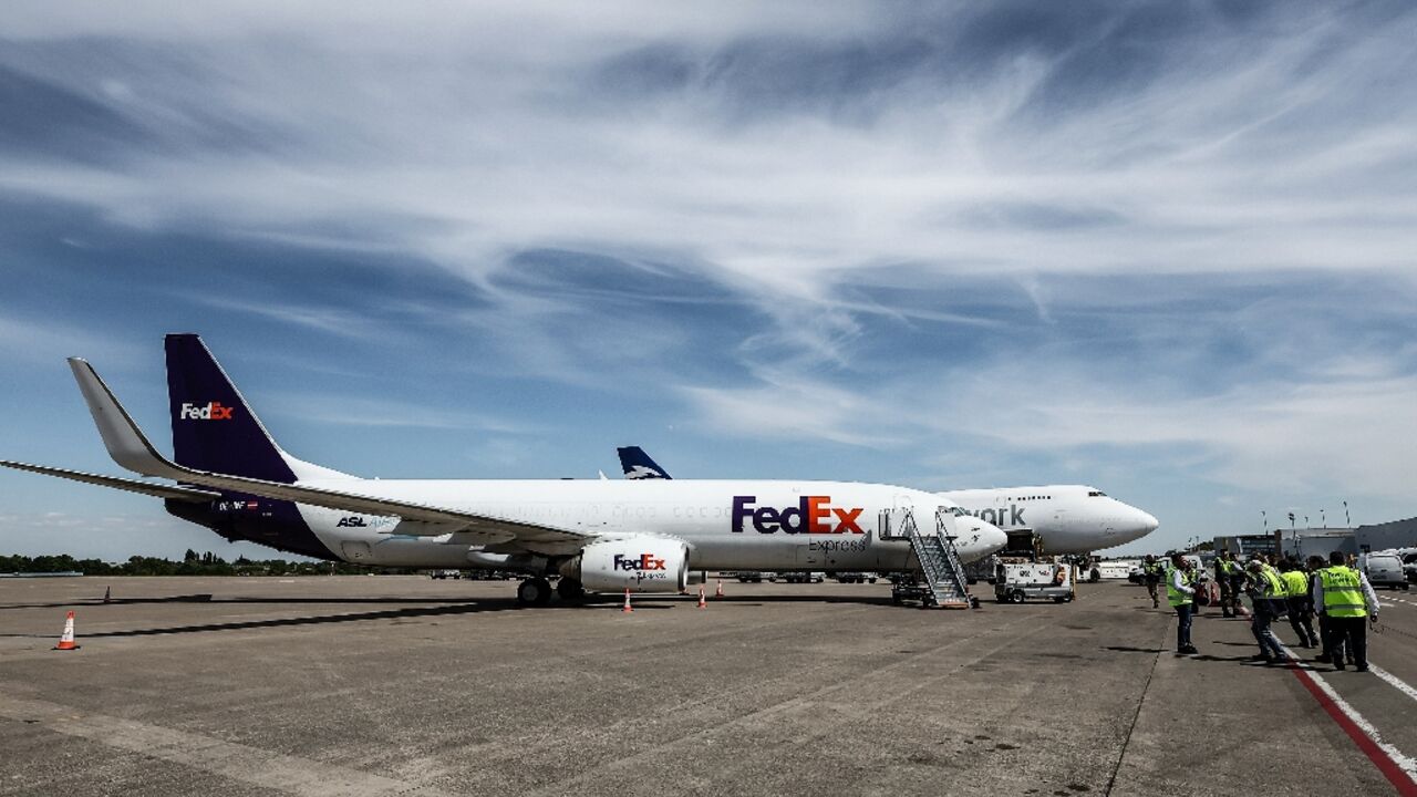 A FedEx cargo plane on the tarmac of Liege airport in Grace-Hollogne on May 7, 2025