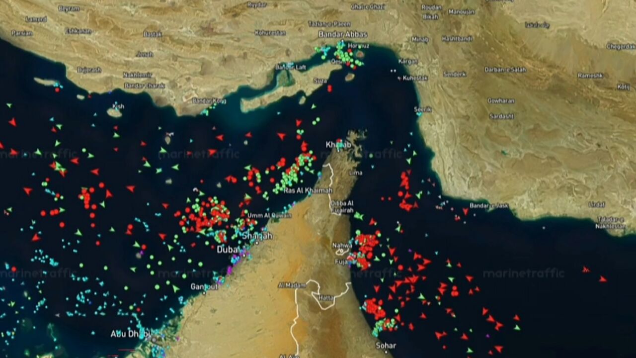 This screen grab taken from a screen recording of the MarineTraffic website on April 21, 2026, shows data visualisation of maritime traffic in the Gulf, Strait of Hormuz and Gulf of Oman from April 18 to April 20