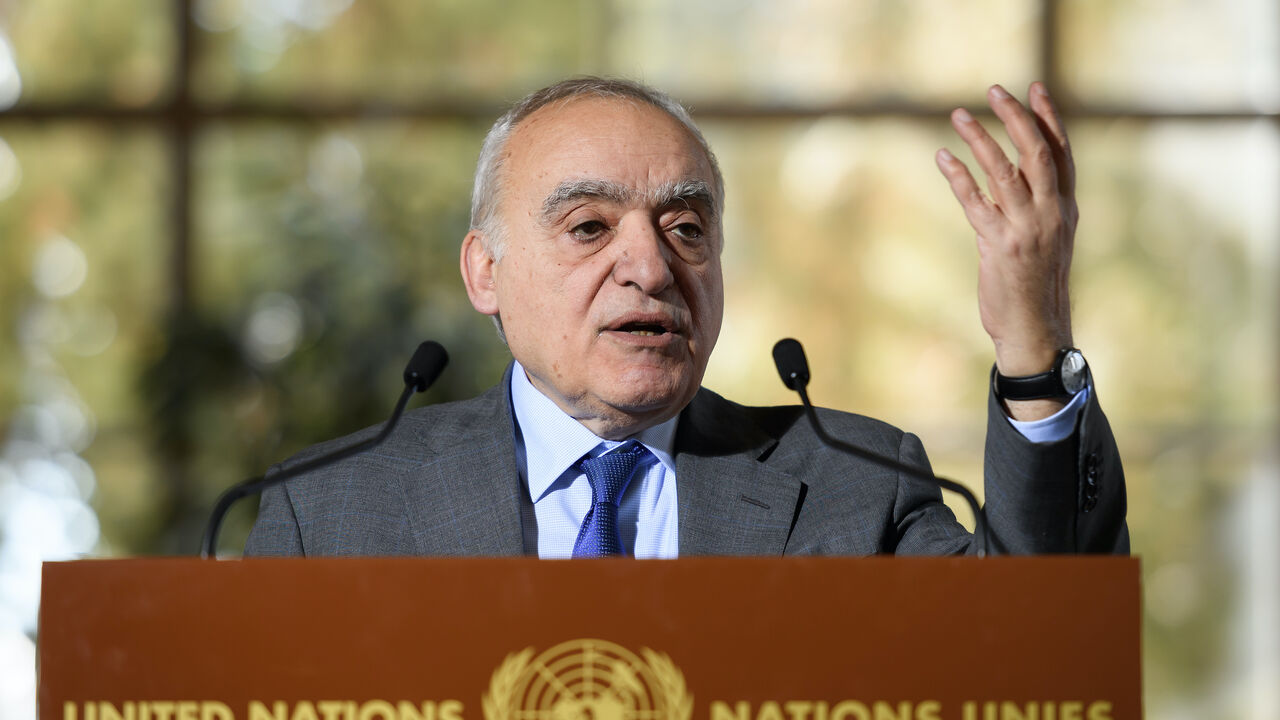 Ghassan Salame, then-UN Envoy for Libya, holds a press briefing during UN-brokered military talks on Feb. 18, 2020 in Geneva. 