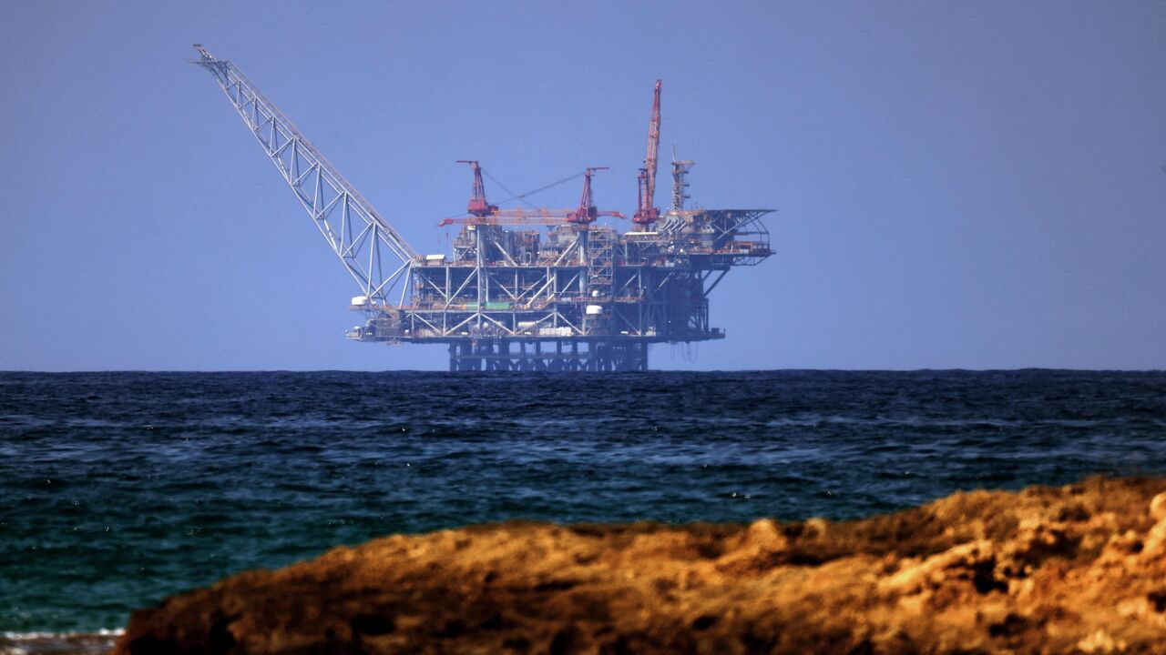 A view of the platform of the Leviathan natural gas field in the Mediterranean Sea is pictured from the Israeli northern coastal beach of Nasholim, on Aug. 29, 2022. 