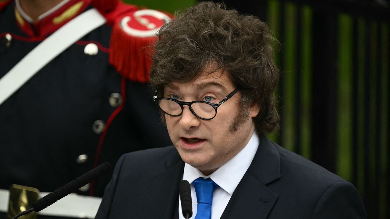Argentina's president, Javier Milei, delivers a speech during a ceremony to commemorate the 44th anniversary of the war between Argentina and the United Kingdom over the Falkland Islands on April 2, 2026. 