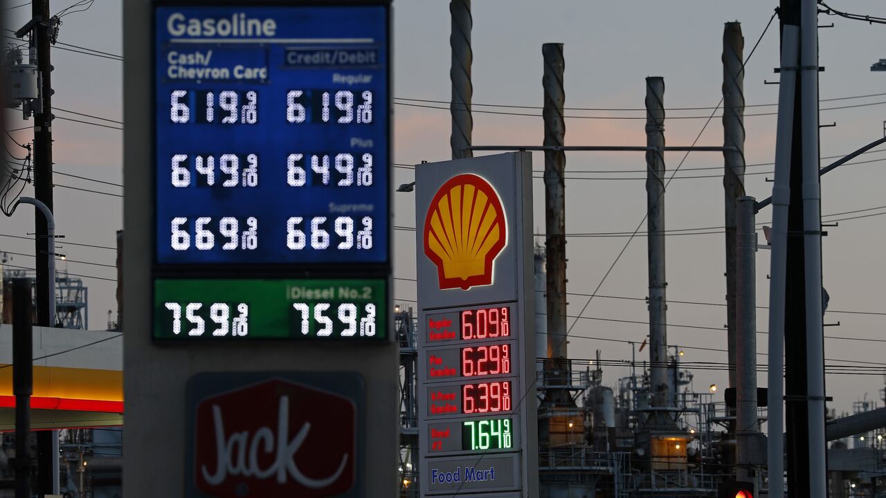 Gas prices over $6.00 are displayed at a Shell station across from the Marathon Petroleum Corp's Los Angeles Refinery on April 02, 2026, in Carson, California. 