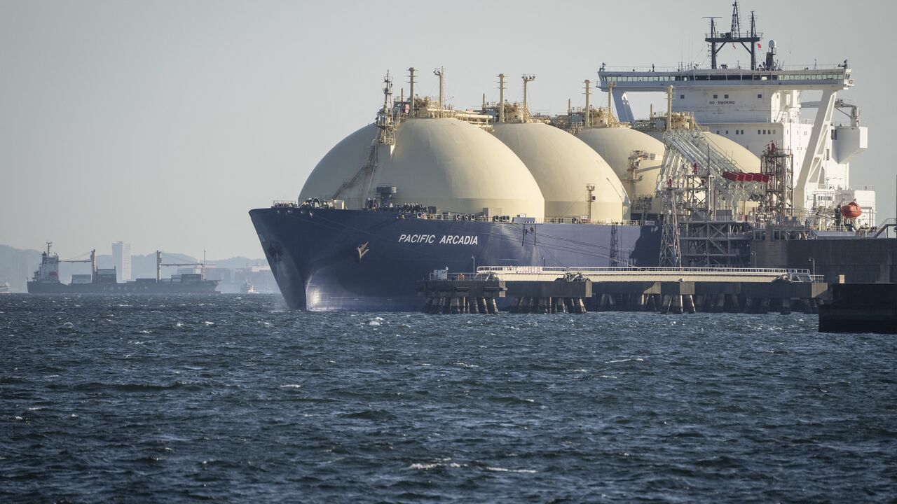 A liquefied natural gas (LNG) tanker is moored at a LNG berth in Kawasaki, Kanagawa, prefecture April 8, 2026.