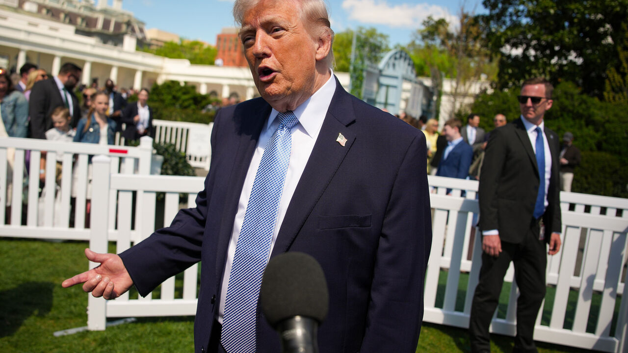 WASHINGTON, DC - APRIL 06: U.S. President Donald Trump speaks to the media as he attends the White House Easter Egg Roll on the South Lawn of the White House on April 06, 2026 in Washington, DC. The Easter Egg Roll is a White House tradition dating back to 1878. The Trumps also honored the 250th anniversary of the United States during the event. (Photo by Andrew Harnik/Getty Images)