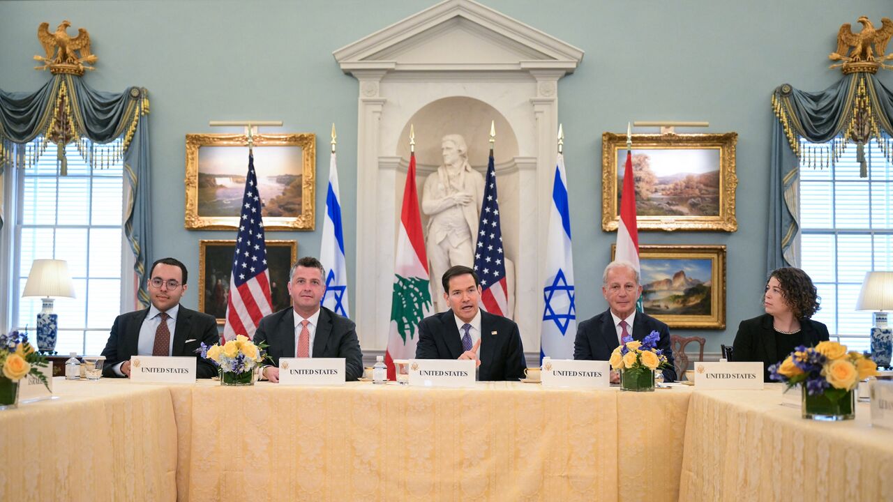 US Secretary of State Marco Rubio (C), alongside US State Department Counselor Michael Needham (2L) and US Ambassador to Lebanon Michel Issa (2R), speaks during a meeting.
