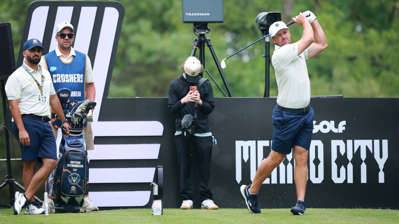 Bryson DeChambeau of Crushers GC plays his shot from the 17th tee prior to LIV Golf Mexico City at Club de Golf Chapultepec on April 15, 2026, in Mexico City.