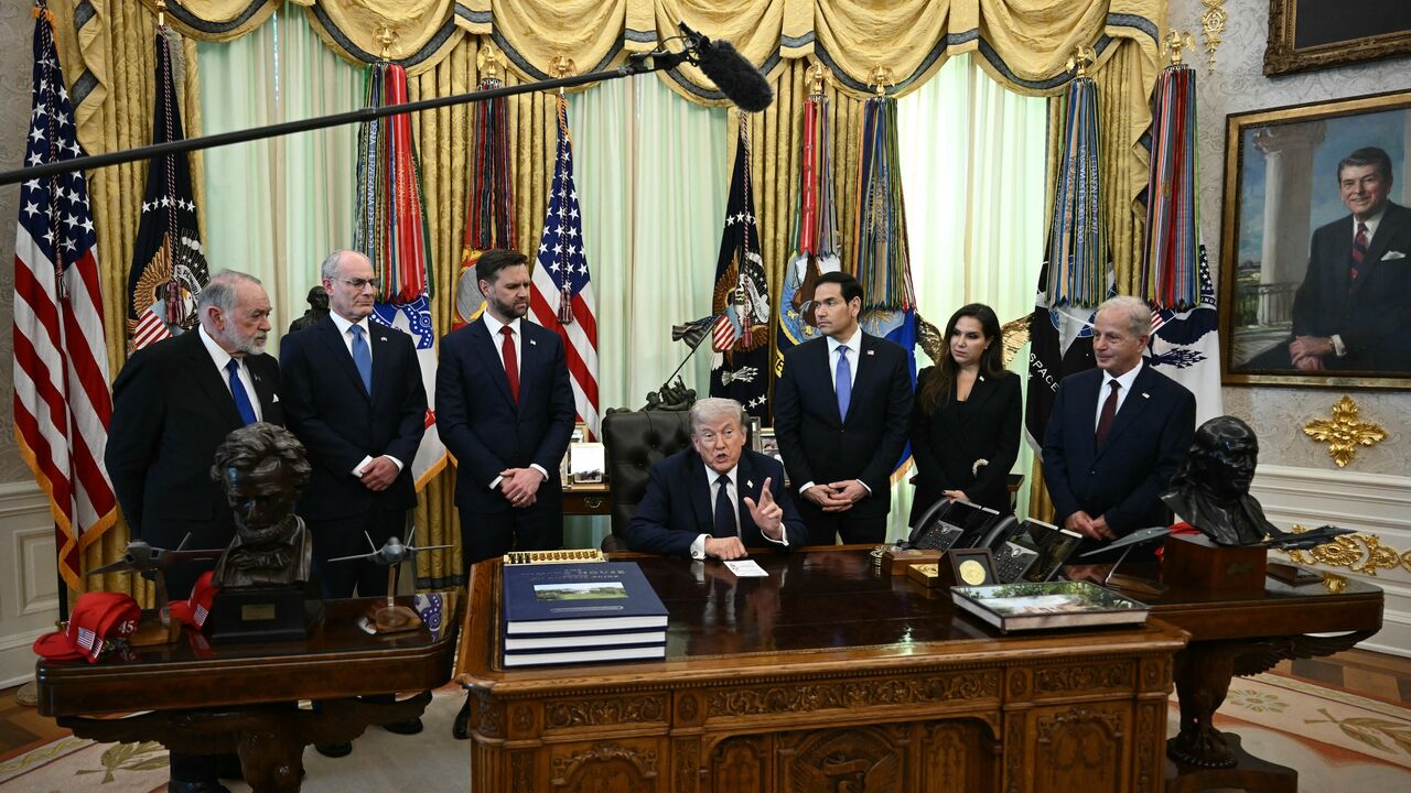 US Ambassador to Israel Mike Huckabee, Israel Ambassador to US Yechiel Leiter, US Vice President JD Vance, US Secretary of State Marco Rubio, Lebanon Ambassador to the US Nada Hamadeh and US ambassador to Lebanon Michel Issa listen as President Donald Trump speaks during a meeting at the White House in Washington on April 23, 2026. 