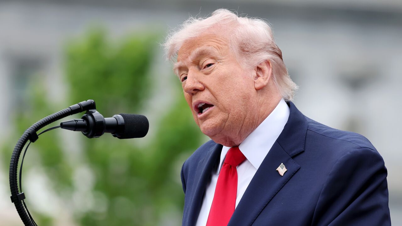 President Donald Trump gives a speech during the State Arrival Ceremony on the South Lawn on April 28, 2026, in Washington. 