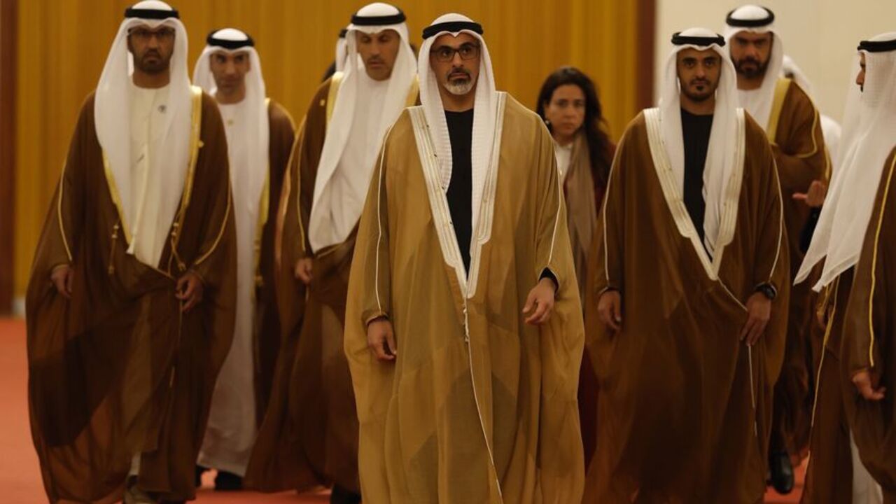 Sheikh Khaled bin Mohamed bin Zayed Al Nahyan, Crown Prince of Abu Dhabi, United Arab Emirates(C), arrives for a meeting with China's President Xi Jinping at the Great Hall of the People on April 14, 2026, in Beijing, China. (Haruna Furuhashi /Getty Images)