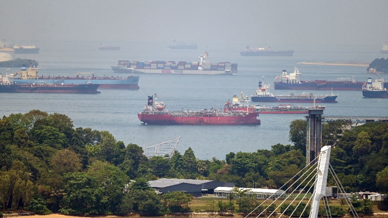 A container ship sails past oil tankers anchored in Singapore