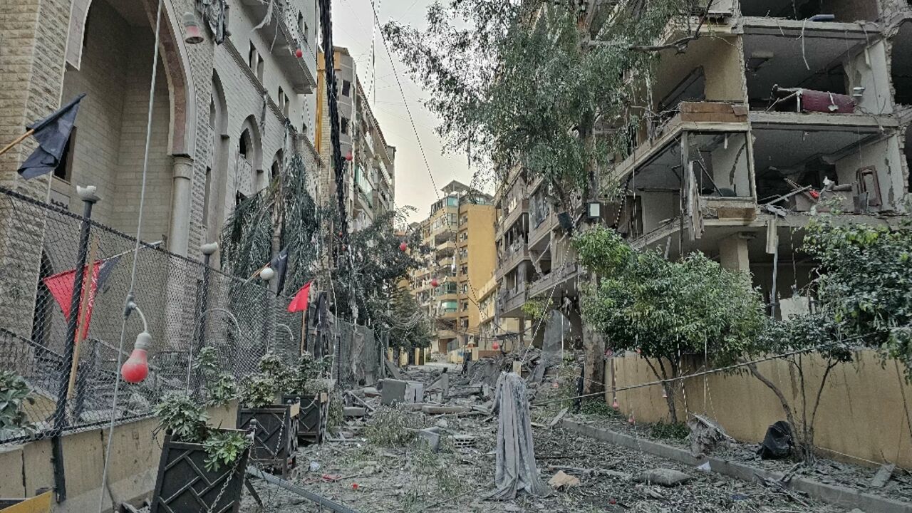 Damage caused by an Israeli airstrike in Beirut's southern Hadath neighbourhood