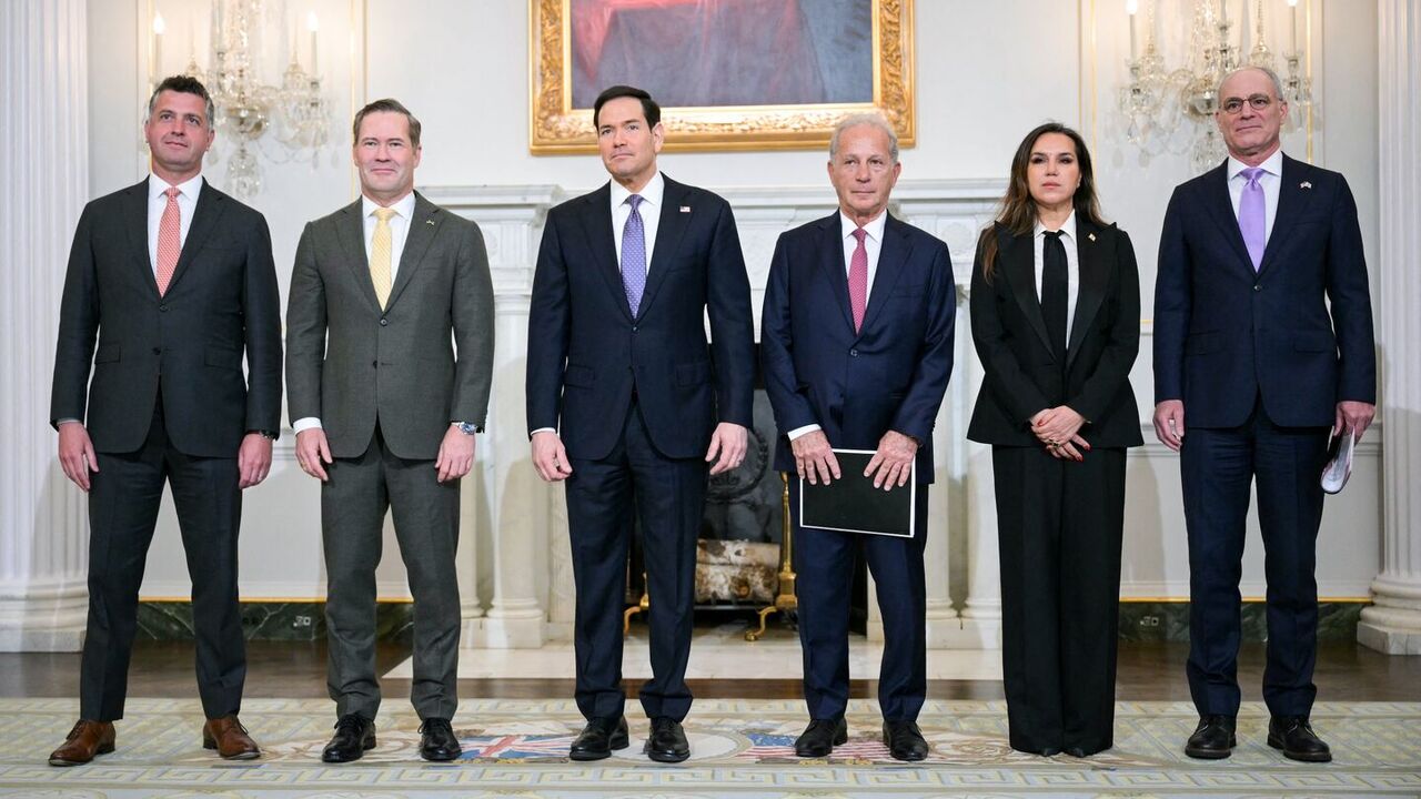 (L/R) US State Department Counselor Michael Needham, US Ambassador to the UN Mike Waltz, US Secretary of State Marco Rubio, US Ambassador to Lebanon Michel Issa, Lebanon's Ambassador to the US Nada Hamadeh Moawad and Israeli Ambassador to the US Yechiel Leiter stand together before meeting at the State Department in Washington, DC, on April 14, 2026. — Oliver Contreras / AFP via Getty Images