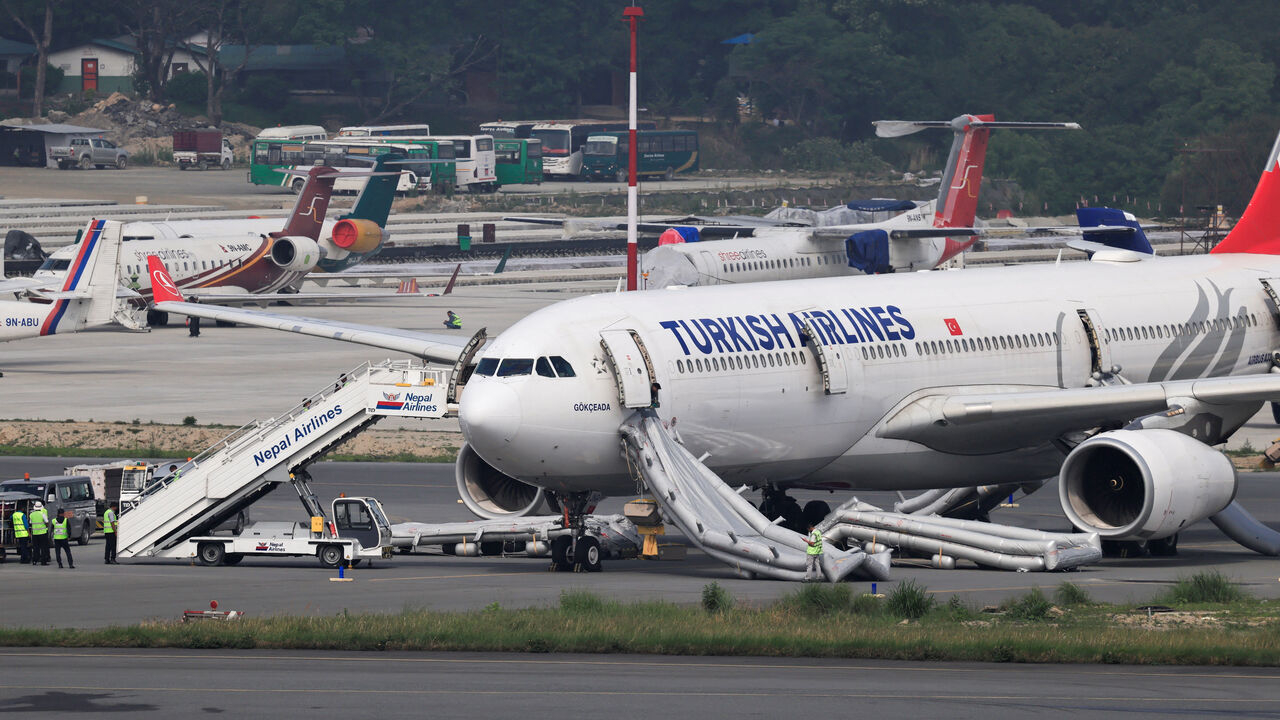An airbus belonging to Turkish Airlines is parked at Tribhuvan International Airport after a minor fire broke out while landing in Kathmandu, Nepal May 11, 2026. REUTERS/Navesh Chitrakar