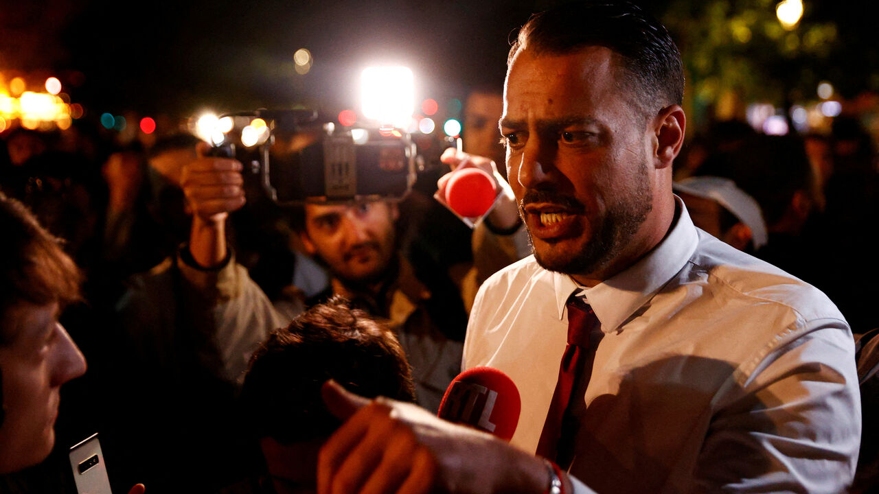 FILE PHOTO: French deputy Sebastien Delogu speaks to members of the media as people gather on the Place de Republique following the results of the European elections, in Paris, France, June 10, 2024. REUTERS/Abdul Saboor/File Photo